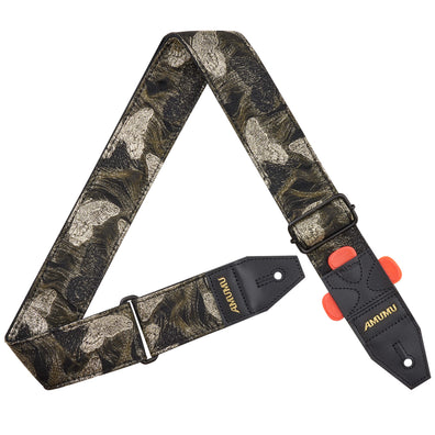 AMUMU Guitar Strap β 2" Black Gold Butterfly with Gold Thread, Sheer Polyester Top & Cotton Back, Top Grain Leather Ends with Pick Holder, Adjustable 38β63" for Acoustic, Electric, Bass Guitars
